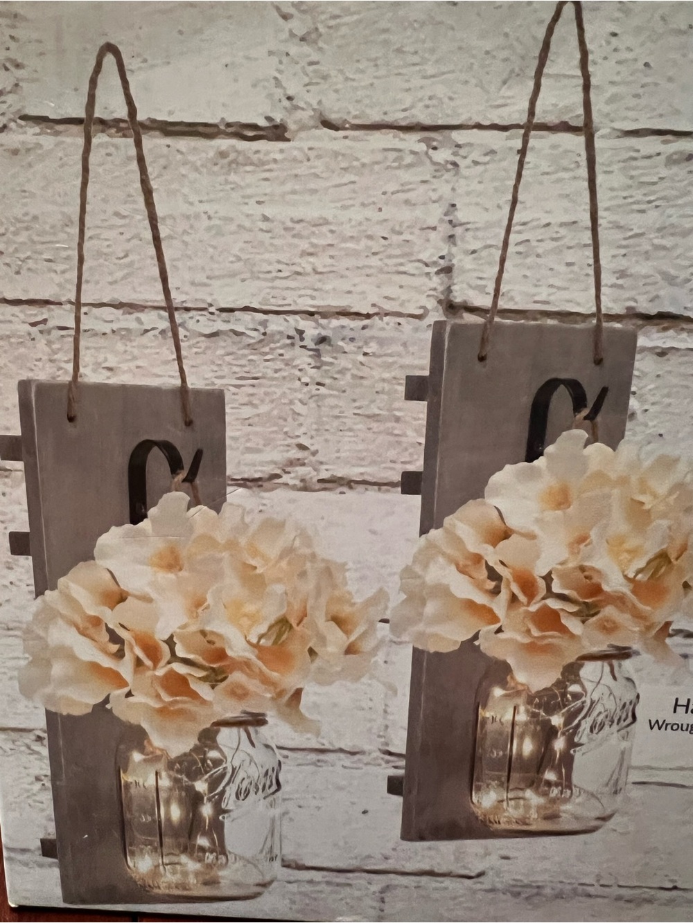 Hanging Mason Jar Sconces with LED Fairy Lights - Cream (Set of 2)